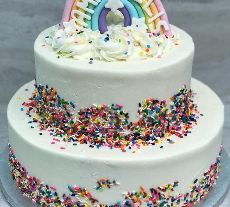 Pastel Rainbow Sprinkle Tiered Cake - Alyssas Cakery