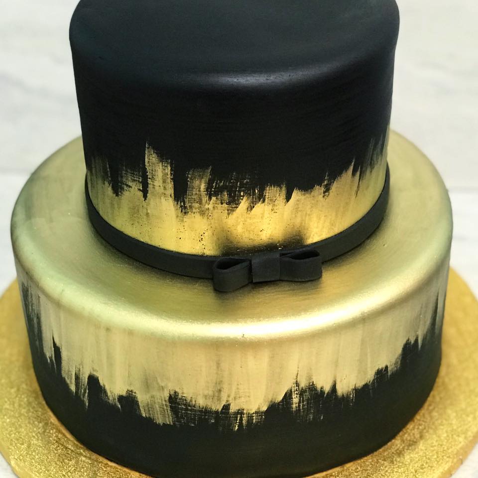 Black and Gold Fondant Tiered Cake - Alyssas Cakery